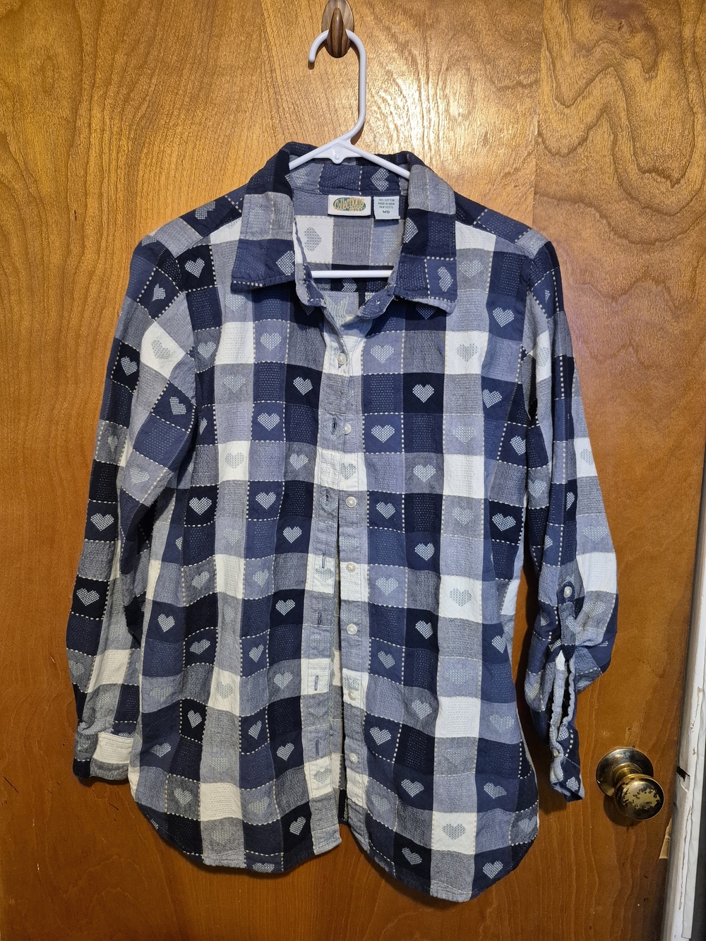 Women's Blue Plaid Heart-Print Button-Up Shirt